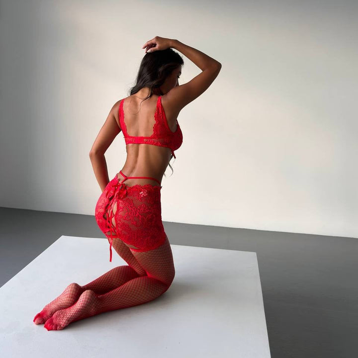 Crimson Lace Bra &amp; Mini Skirt Set