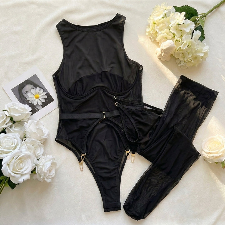 Cut Out Halter Mesh Bodysuit Set