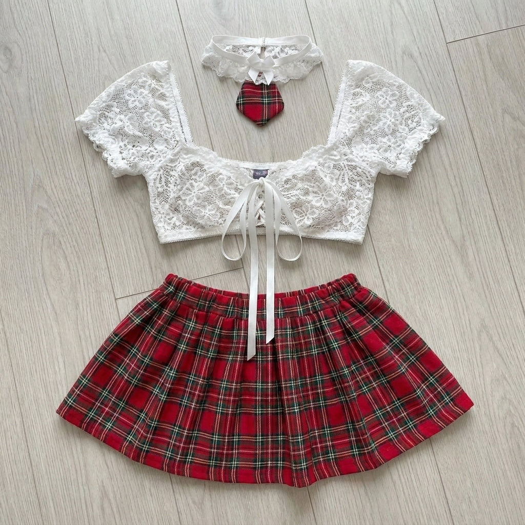 Plaid Schoolgirl Lace Cosplay Set
