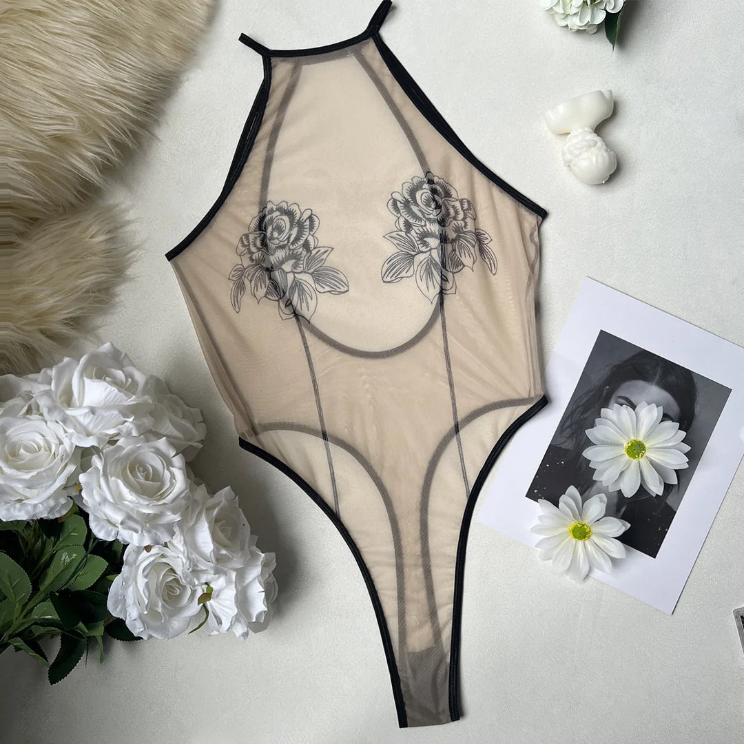 Sheer Nude Mesh Floral Bodysuit