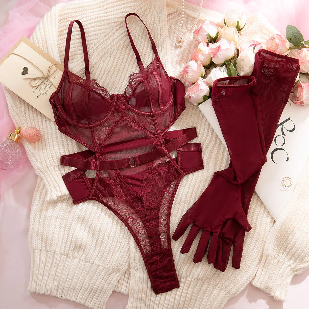 Lace Cut Out Bodysuit &amp; Gloves
