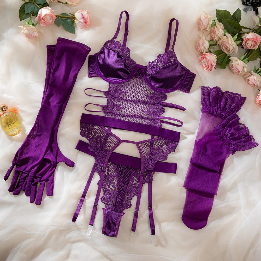 Elegant Purple Lace Hollow Lingerie Set