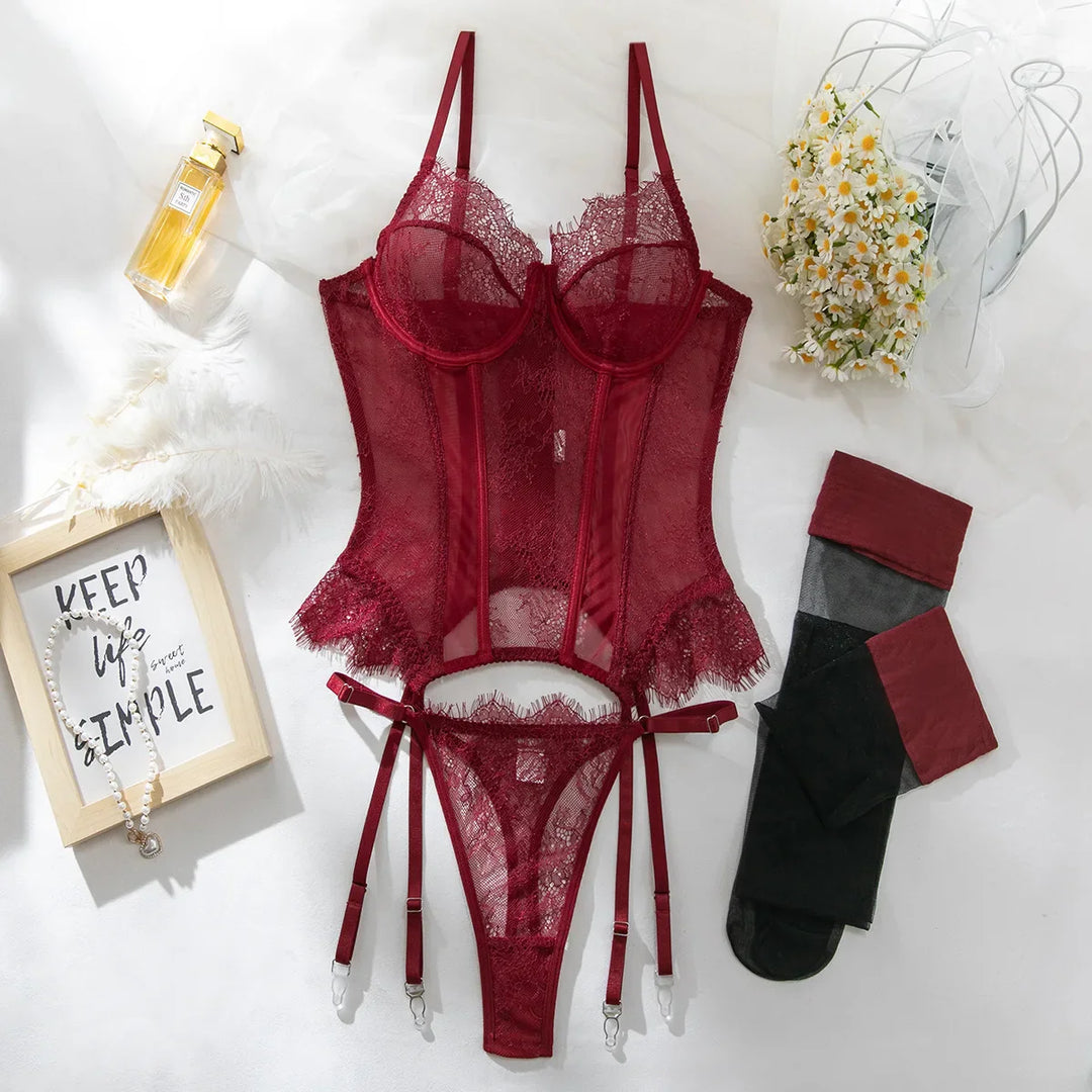 Floral Lace Corset Lingerie Set