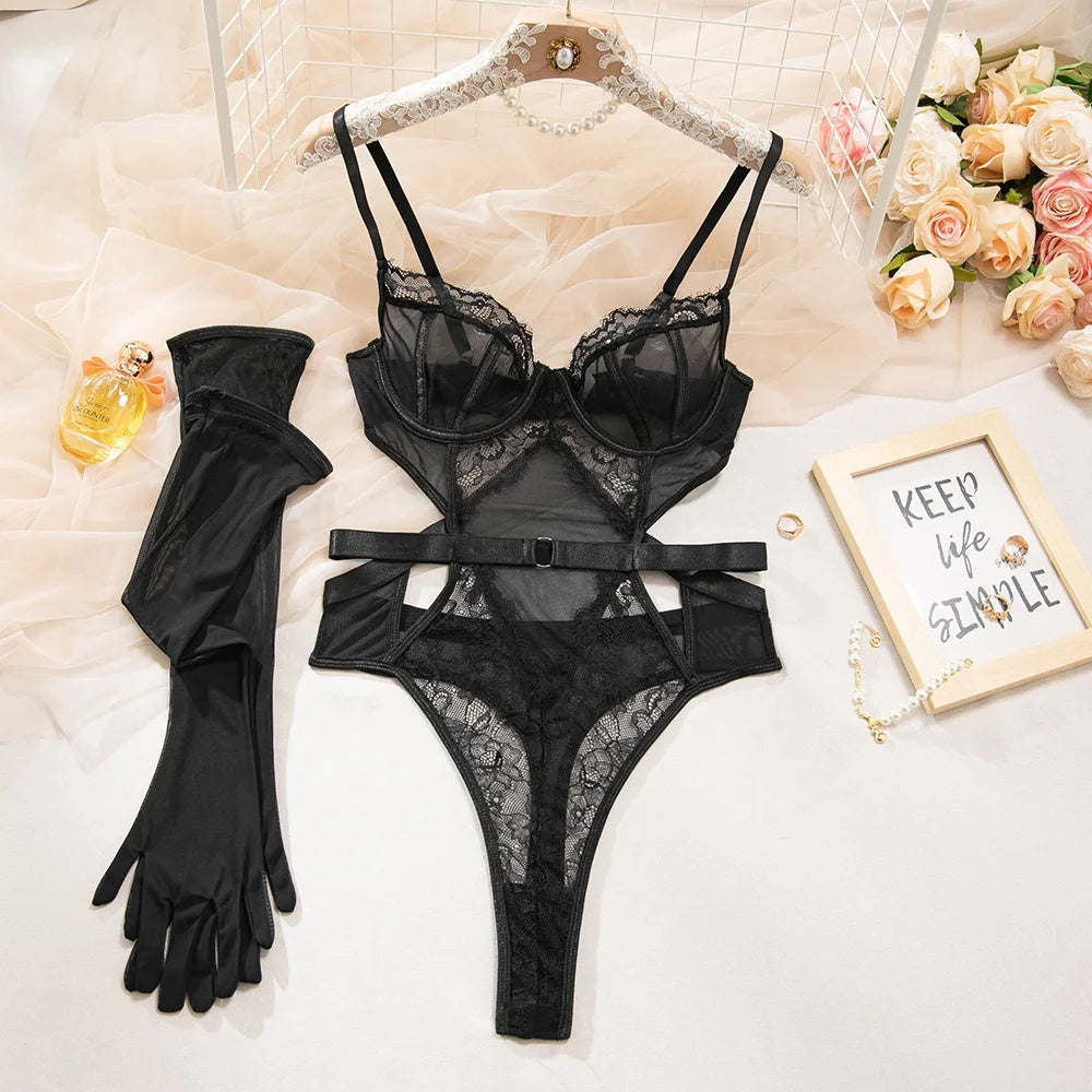 Lace Cut Out Bodysuit &amp; Gloves