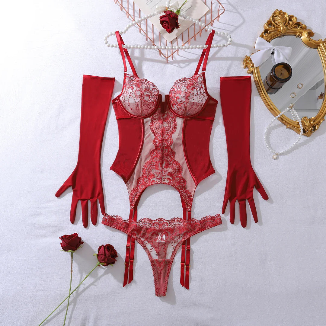 Floral Lace Overlay Corset Set