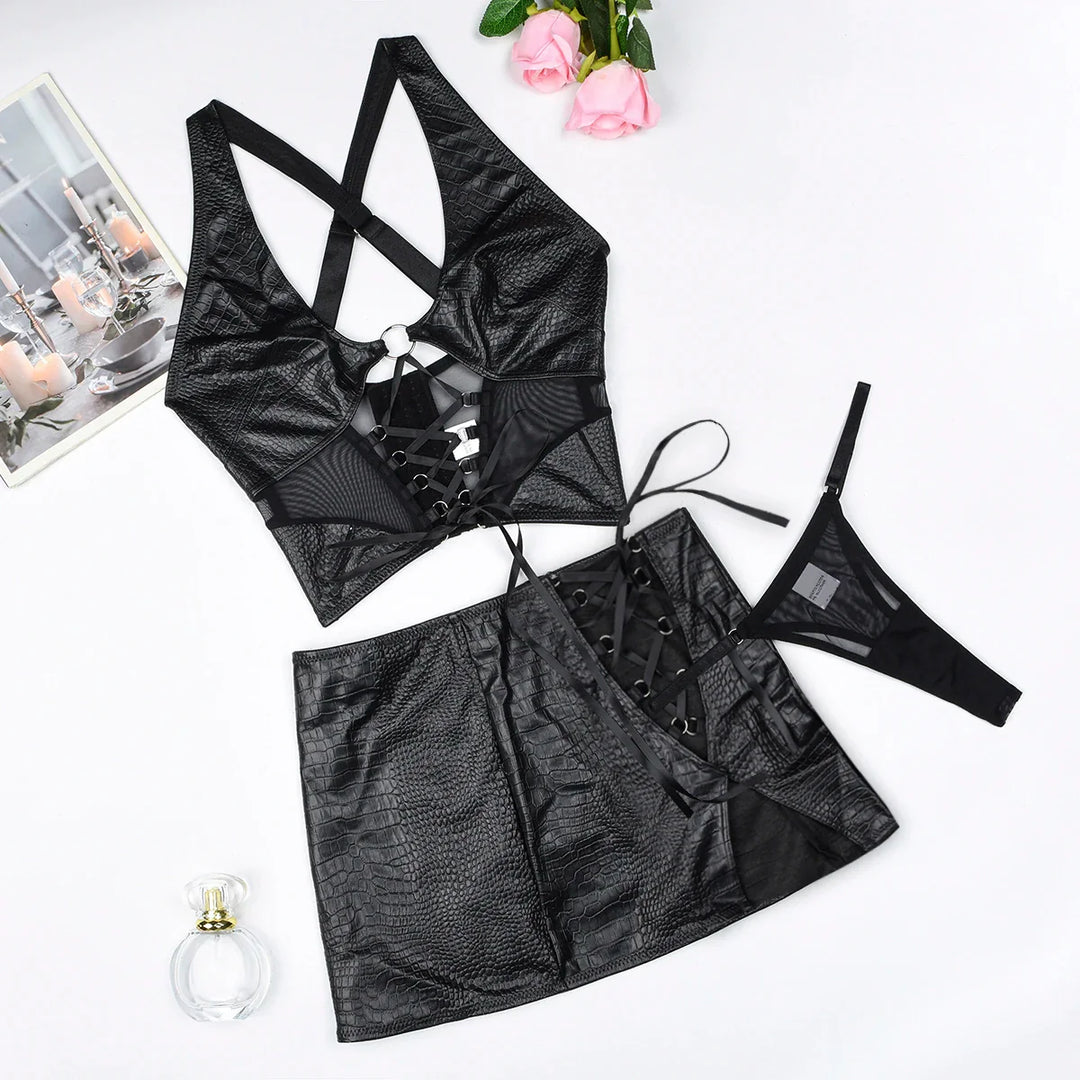 Leather Lace Up Skirt Set