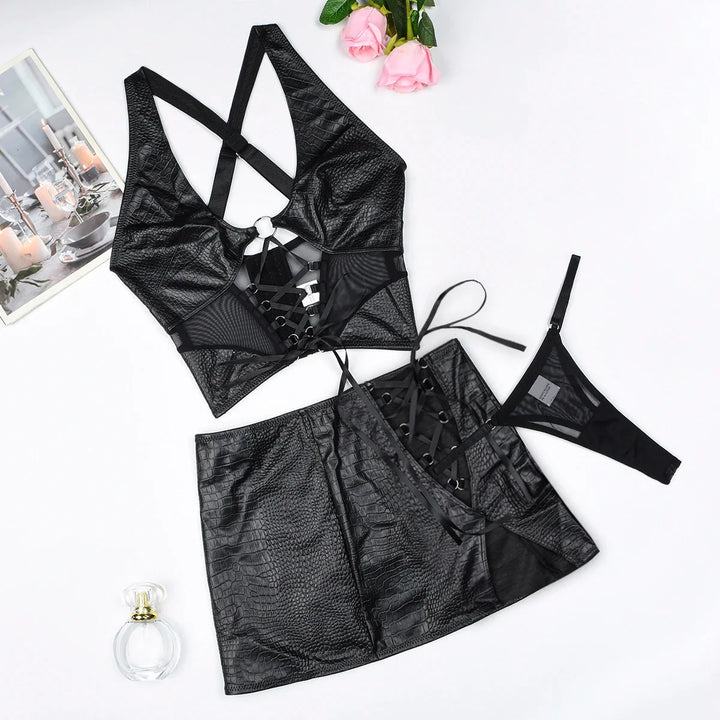 Leather Lace Up Skirt Set
