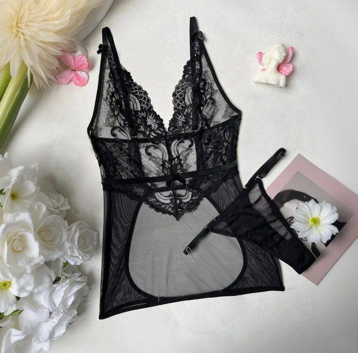 Lace Trim Sheer Mesh Babydoll