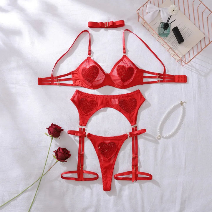 Glitter Heart Strappy Garter Set