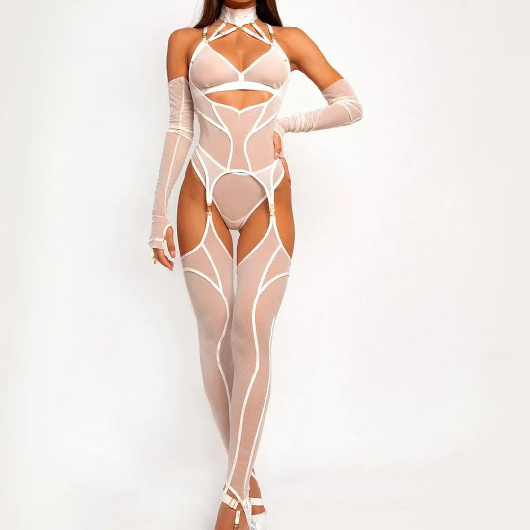 Geometric Strapping Mesh Bodysuit Set