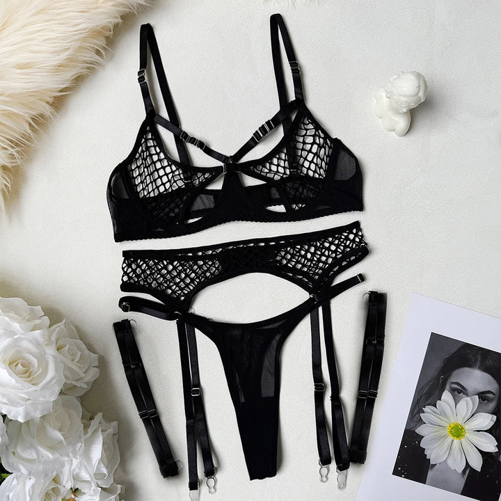 Edgy Fishnet Strappy Lingerie Set