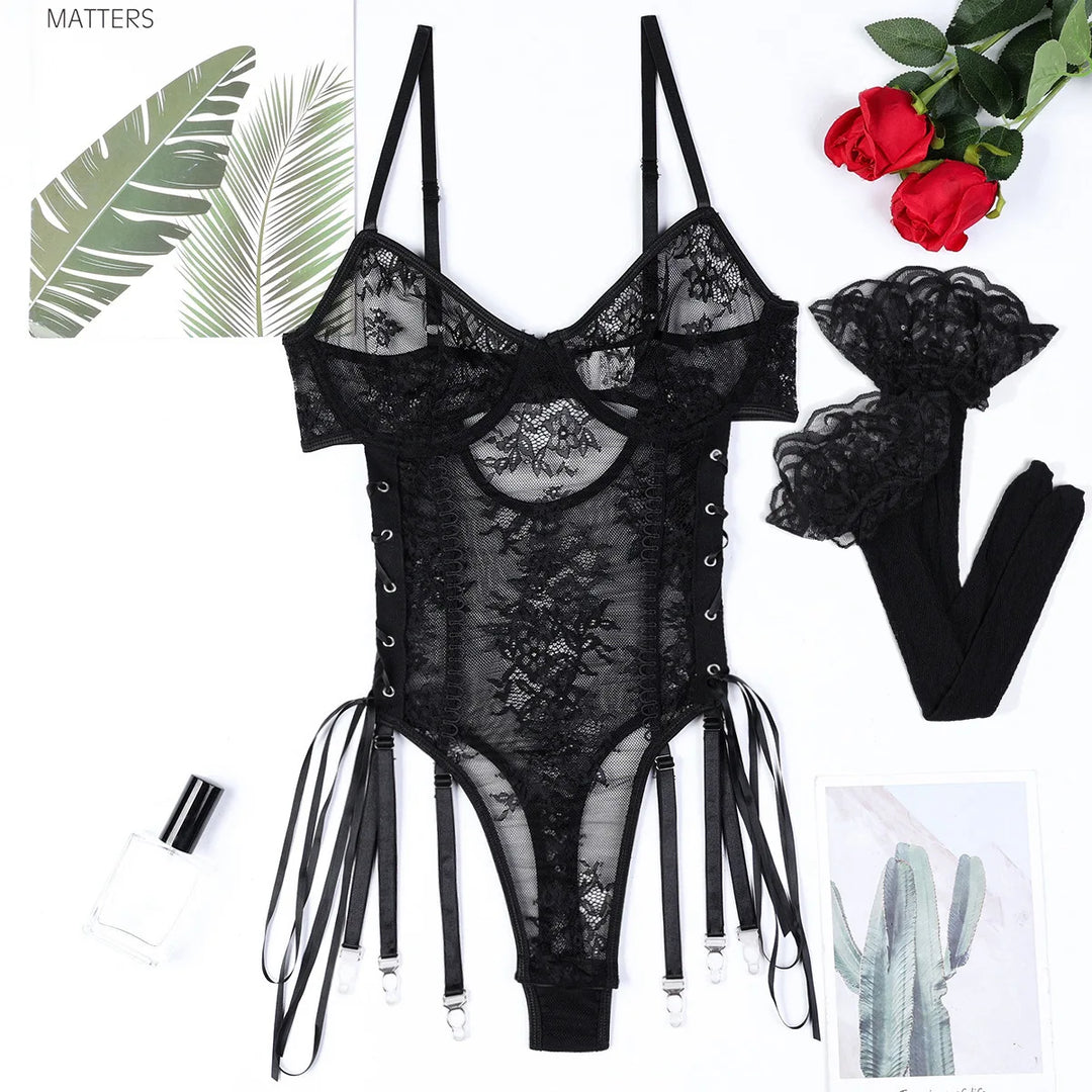 Floral Lace Side-Tie Bodysuit Set