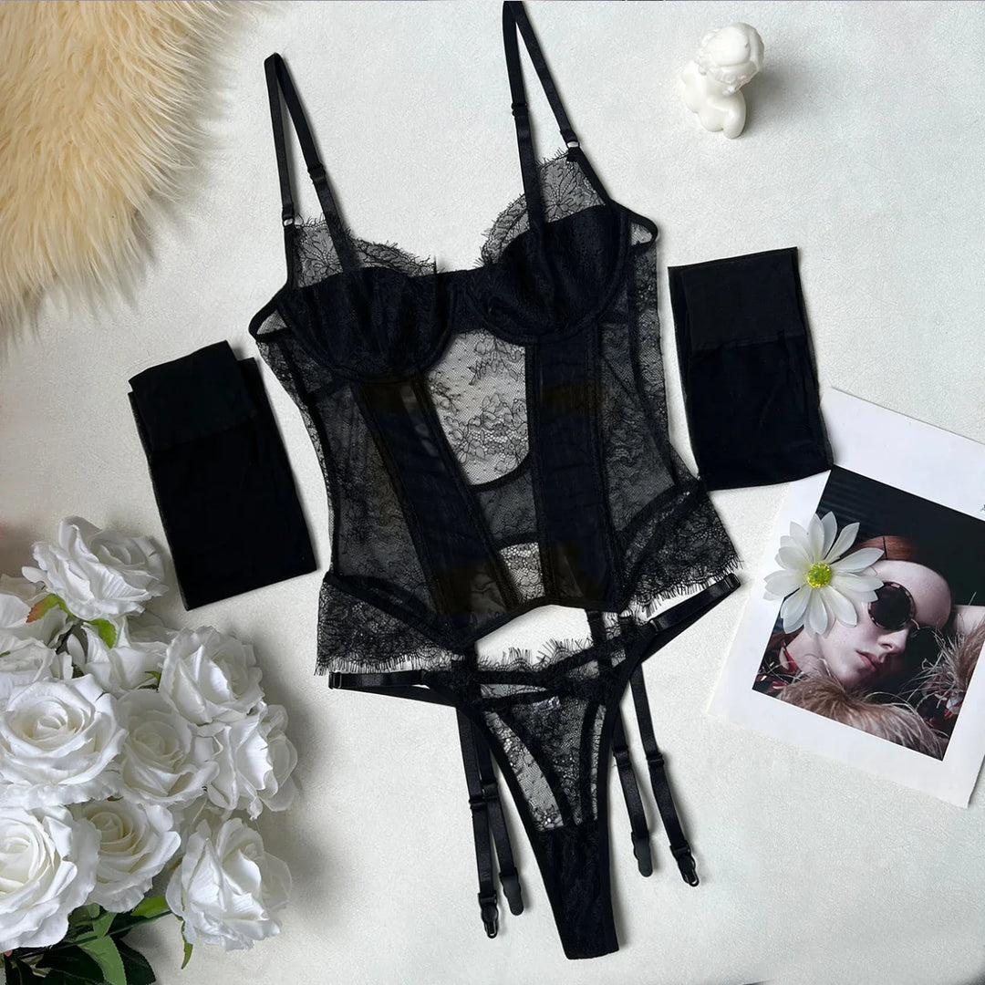 Midnight Lace Corset Teddy Set
