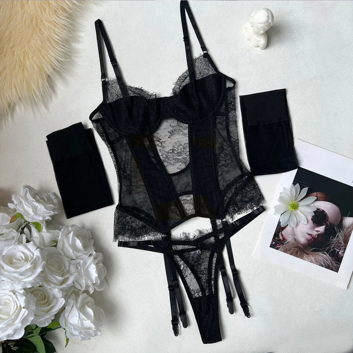 Midnight Lace Corset Teddy Set