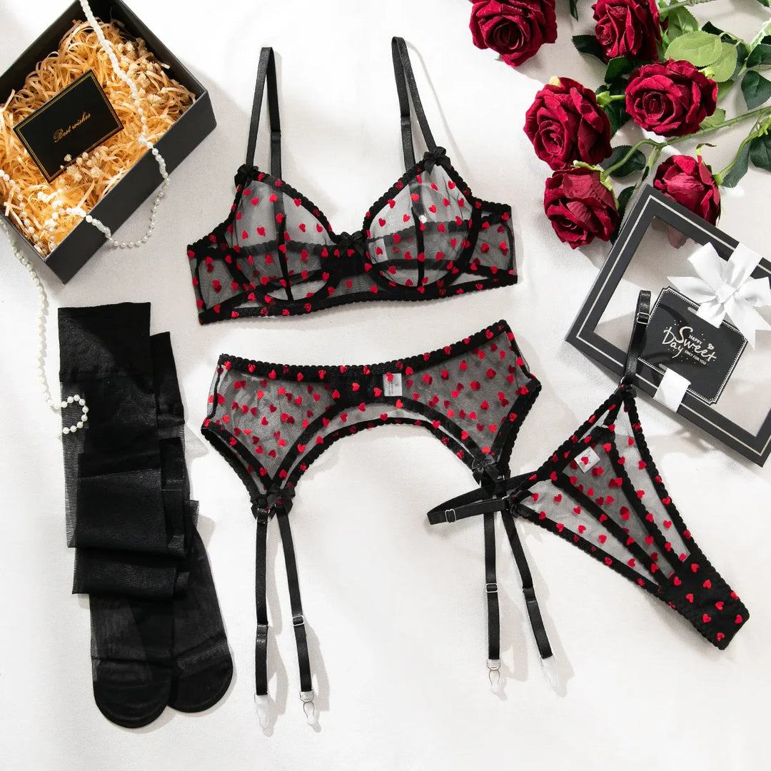 Heart Print Mesh Garter Lingerie Set