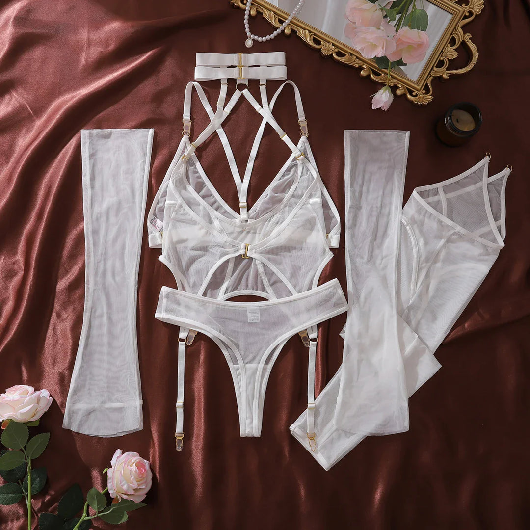 Geometric Strapping Mesh Bodysuit Set