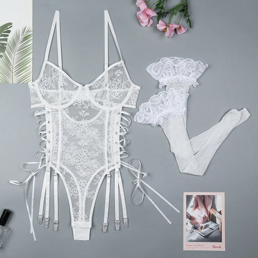 Floral Lace Side-Tie Bodysuit Set