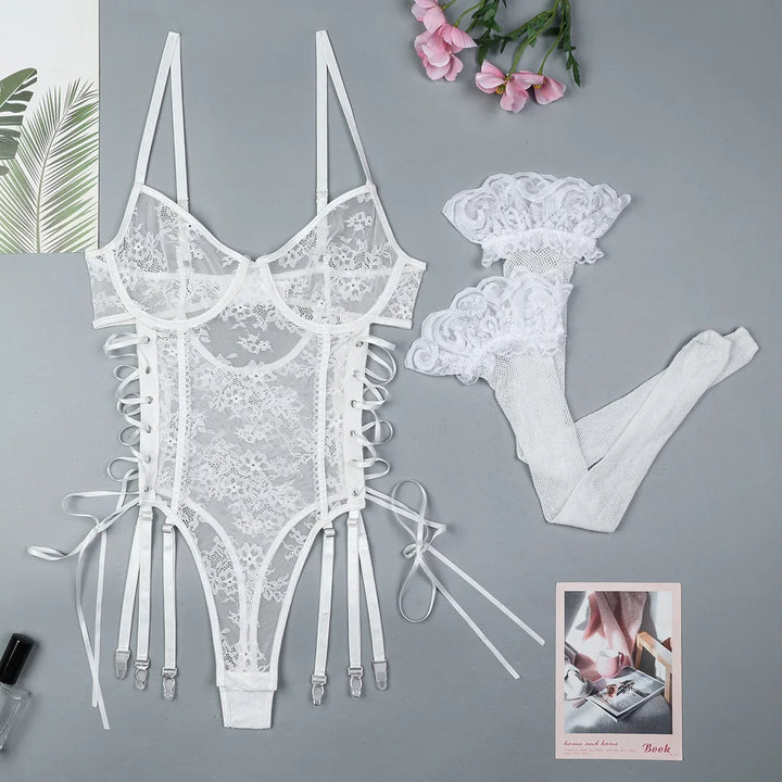 Floral Lace Side-Tie Bodysuit Set