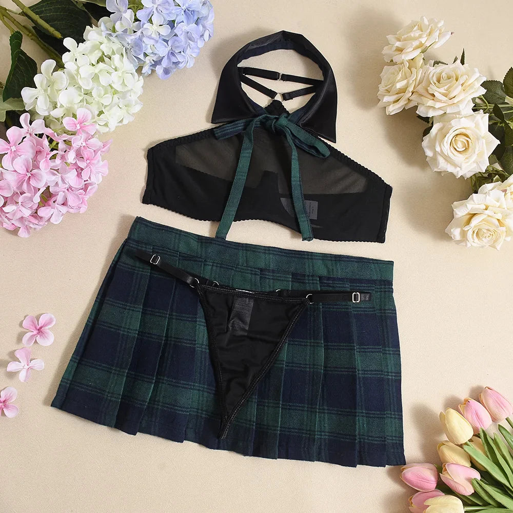 Student Plaid Mesh Lingerie Set
