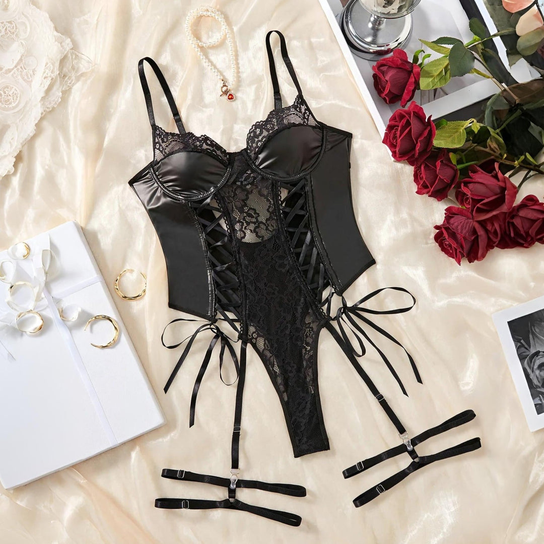Leather Lace Up Floral Bodysuit