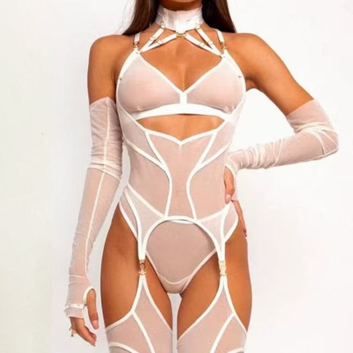 Geometric Strapping Mesh Bodysuit Set
