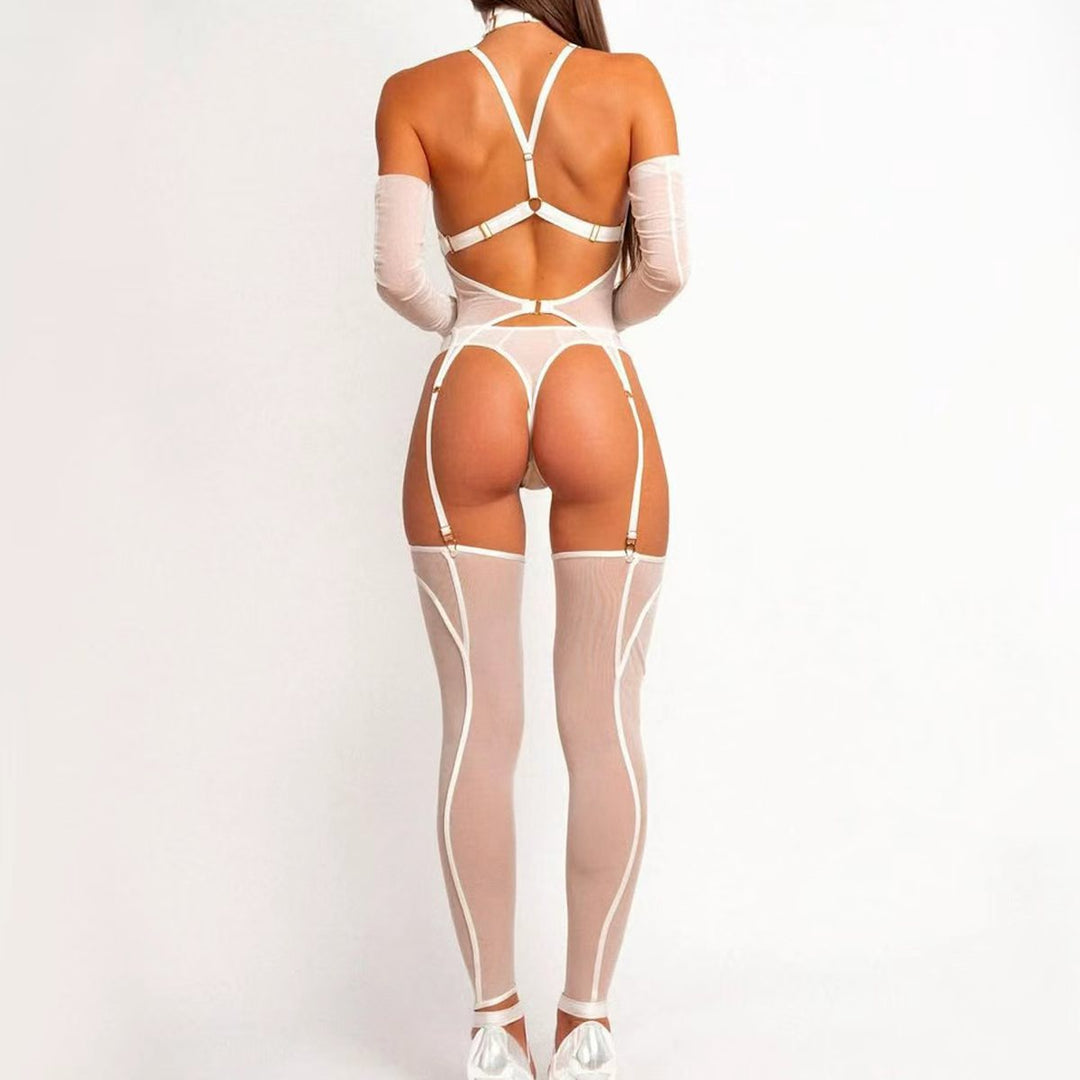 Geometric Strapping Mesh Bodysuit Set