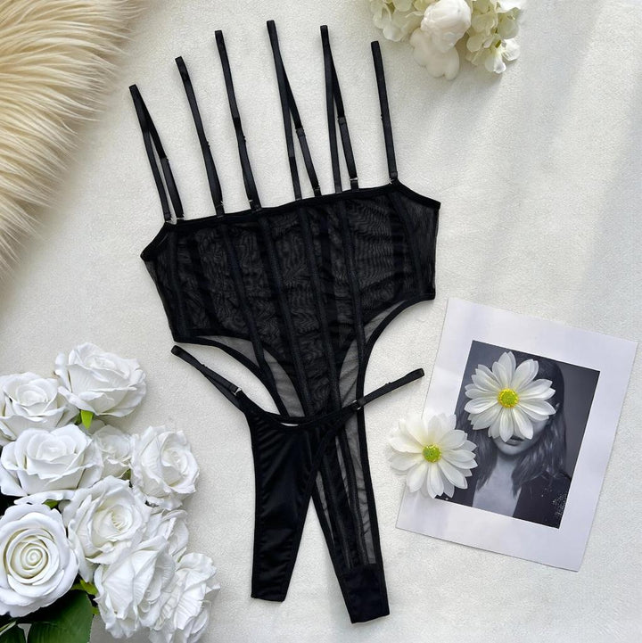 Strappy Paneled Mesh Bodysuit Set